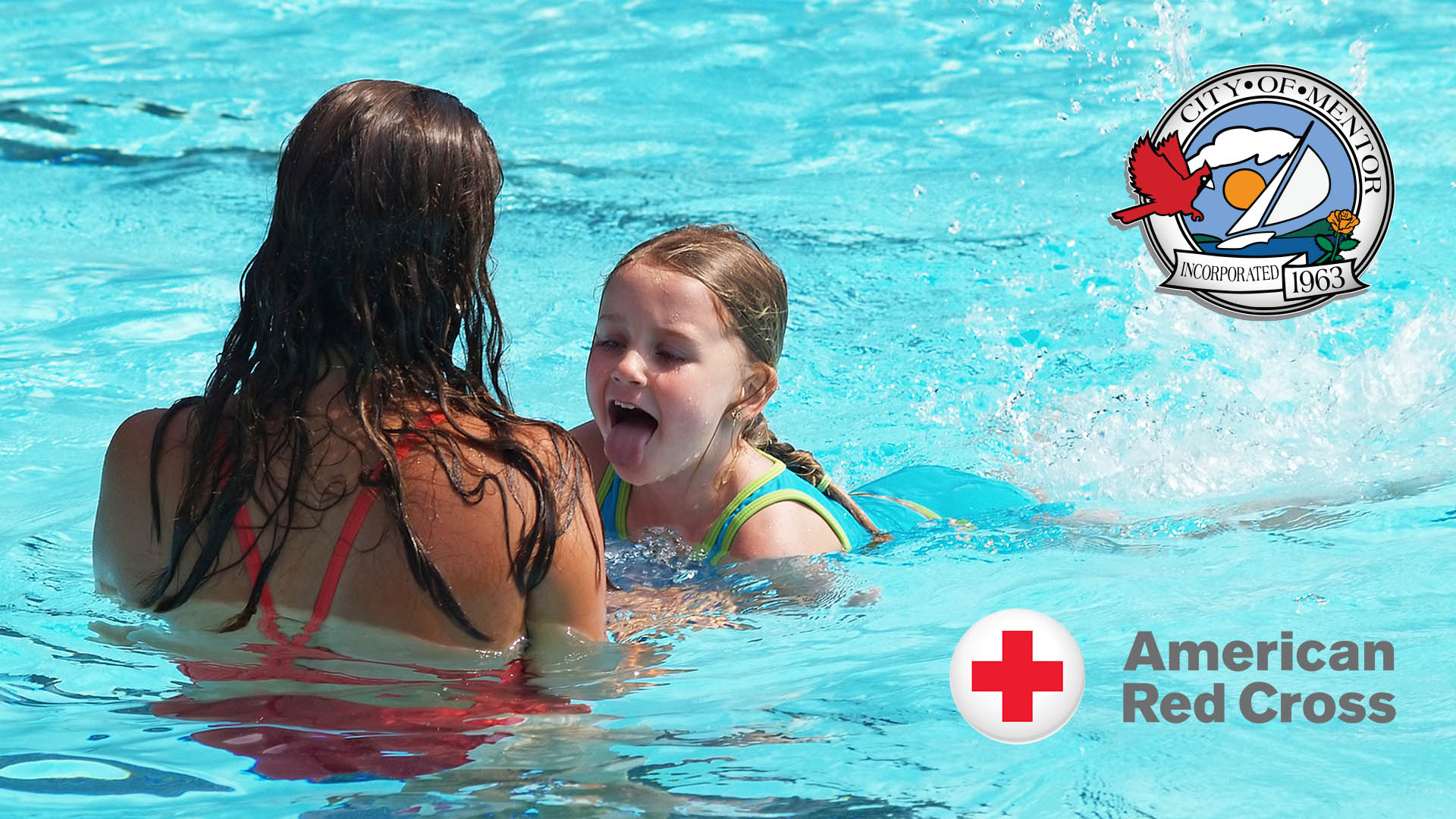 An instructor and child engaged in a swimming lesson. The city of Mentor seal is at the top right corner. The American Red Cross logo on the bottom right corner.