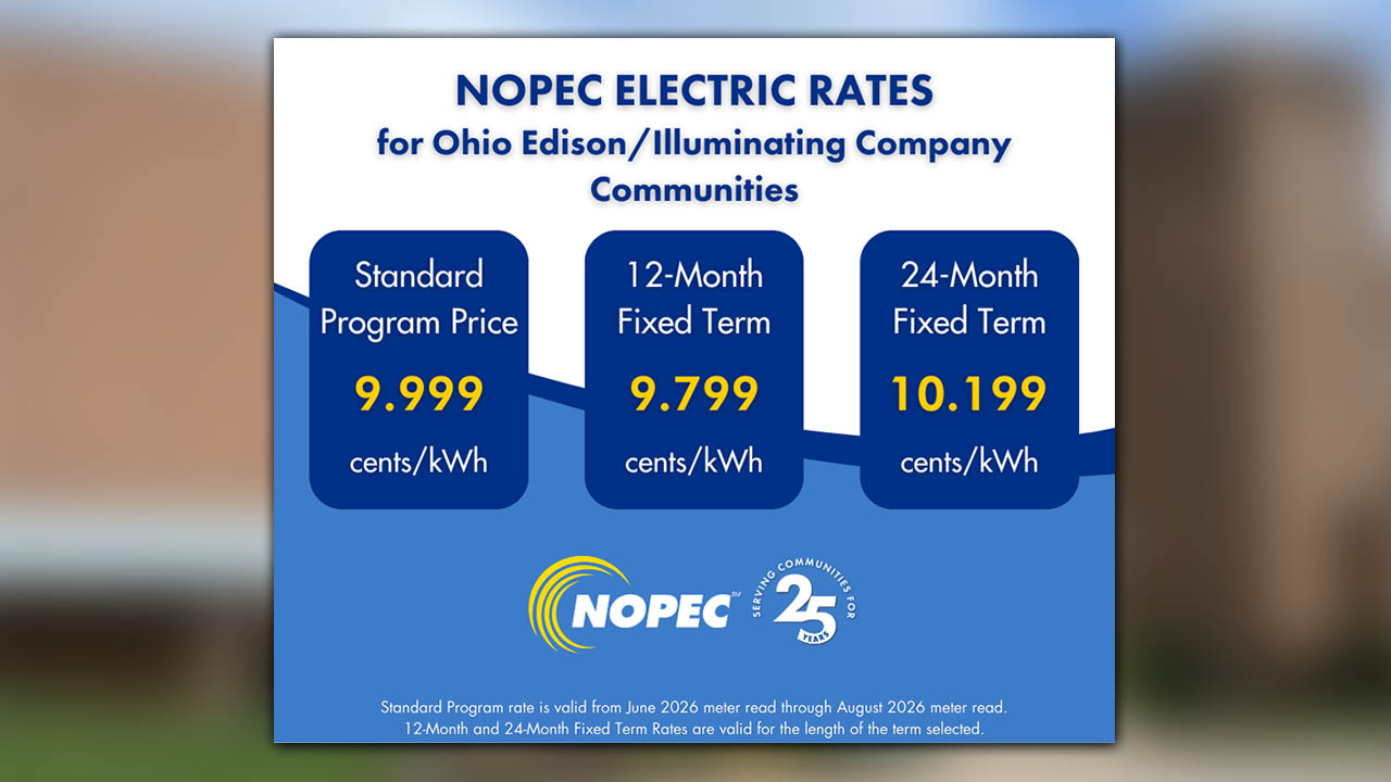 A graphic indicating pricing of NOPEC electric rates effective June 2026.