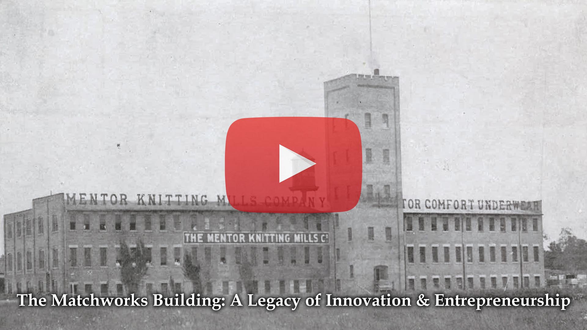 An image of the Mentor Knitting Mills c 1900 with a play logo superimposed along with the title