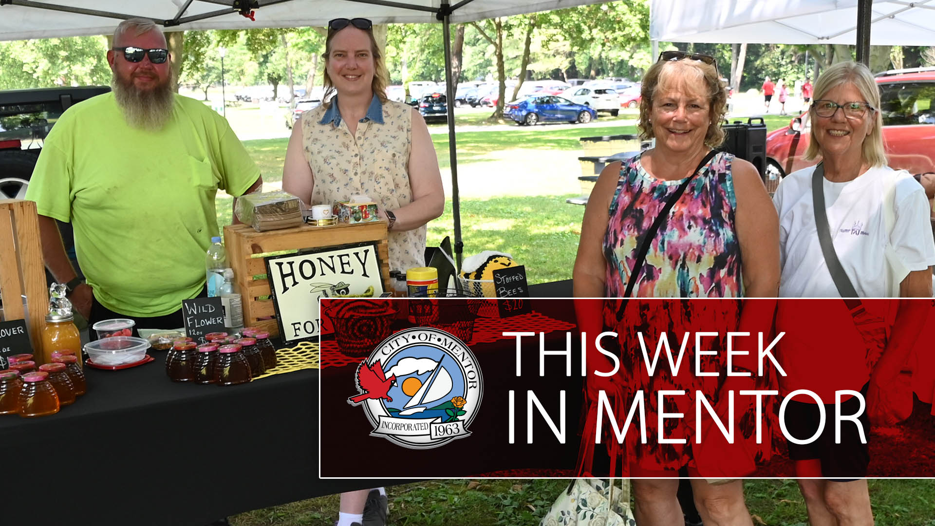 An image of people at the Mentor Farmers Market with "This Week in Mentor" overlayed on a red semitransparent rectangle.