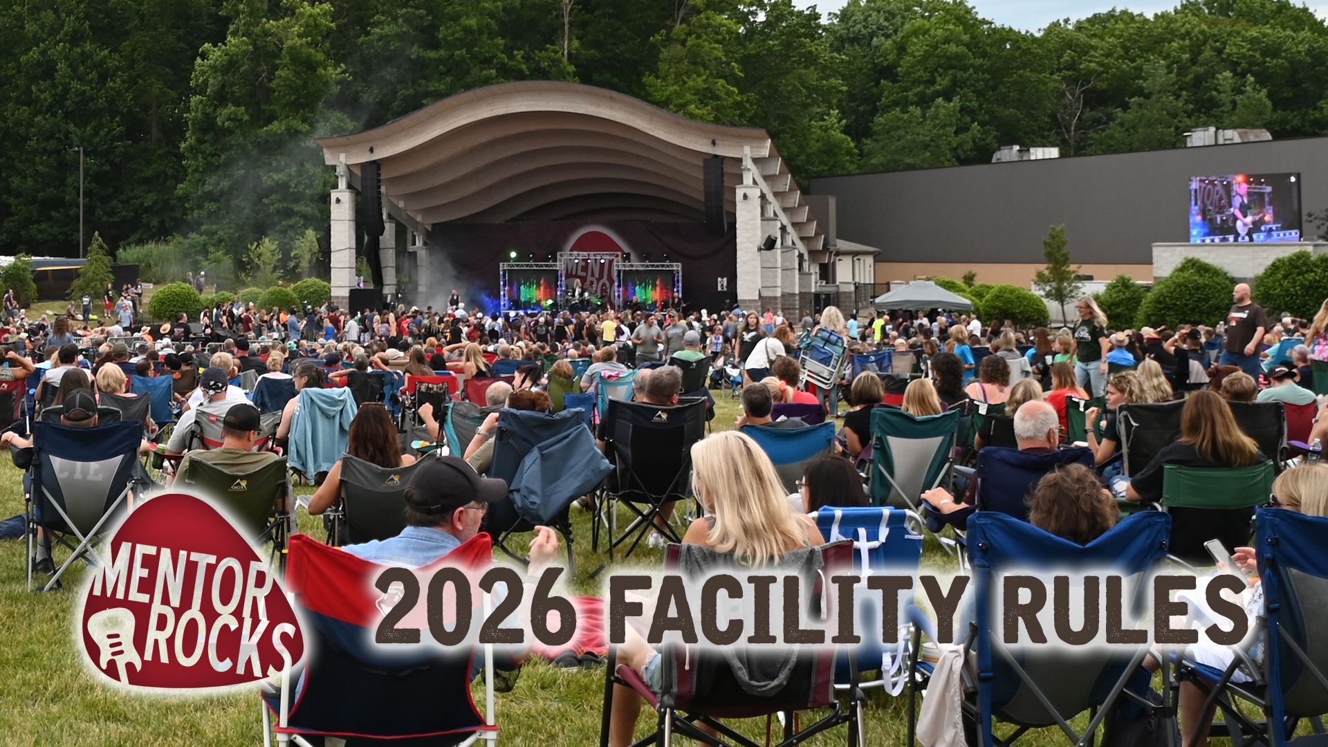 An image of a crowd at the Mentor Civic Amphitheater with the Mentor Rocks logo and 2026 Facility Rules overlayed.