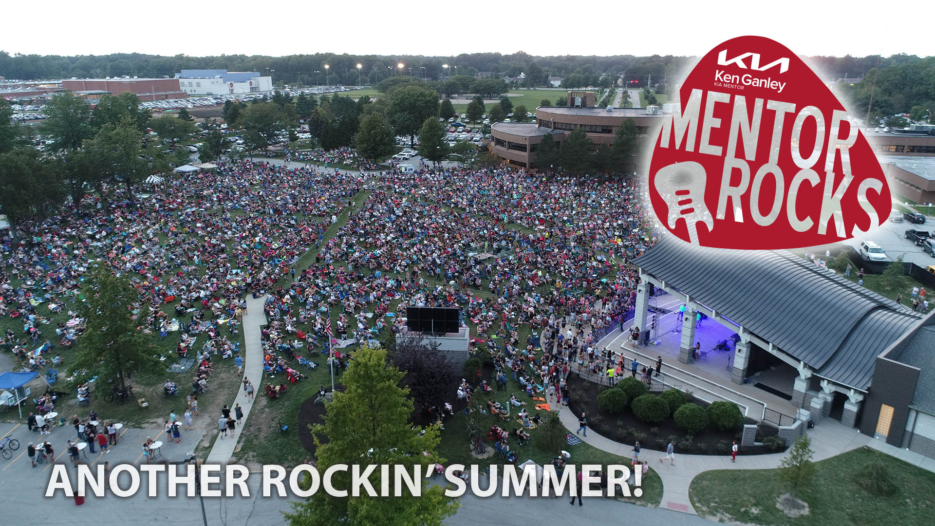 A drone image of the Mentor Civic Amphitheater overlayed with the words "Another Rockin' Summer" and the Mentor Rocks logo.