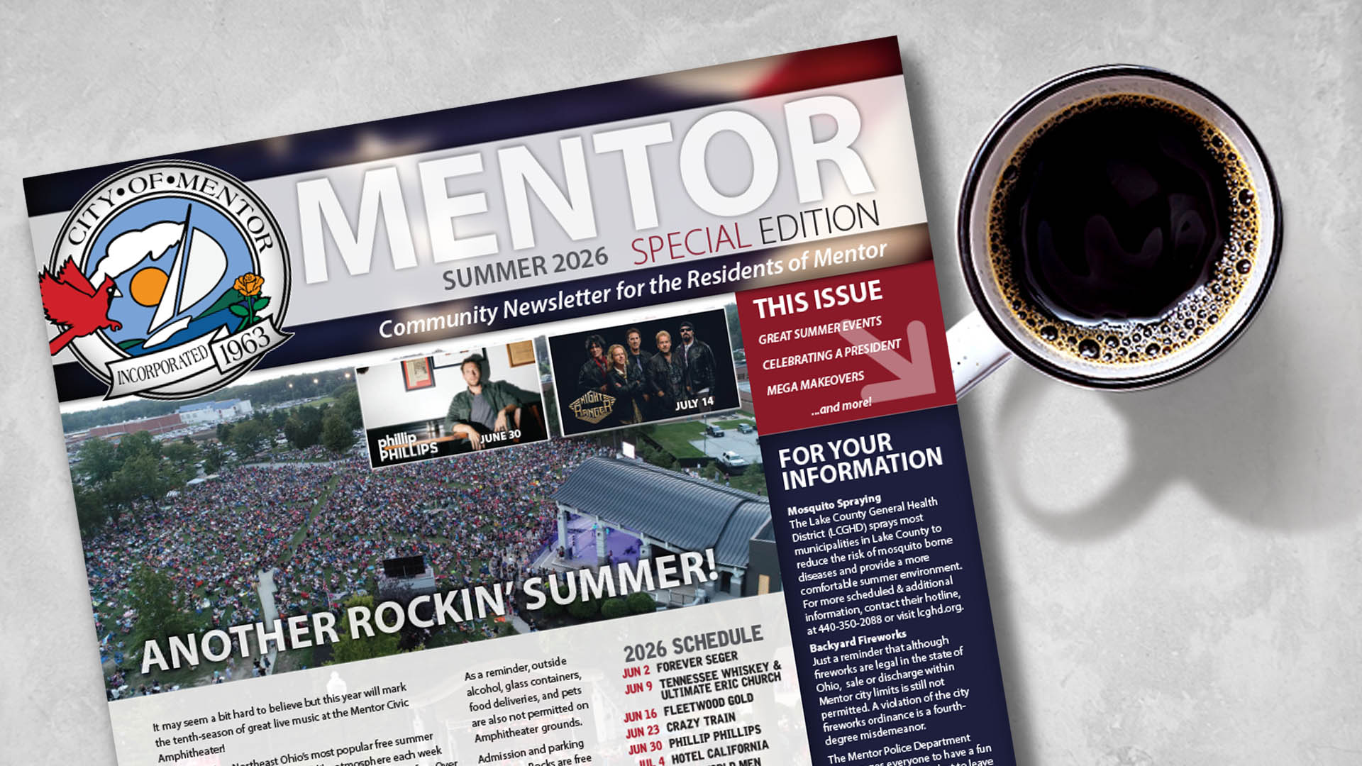 An image of a newsletter cover with a cup of coffee.