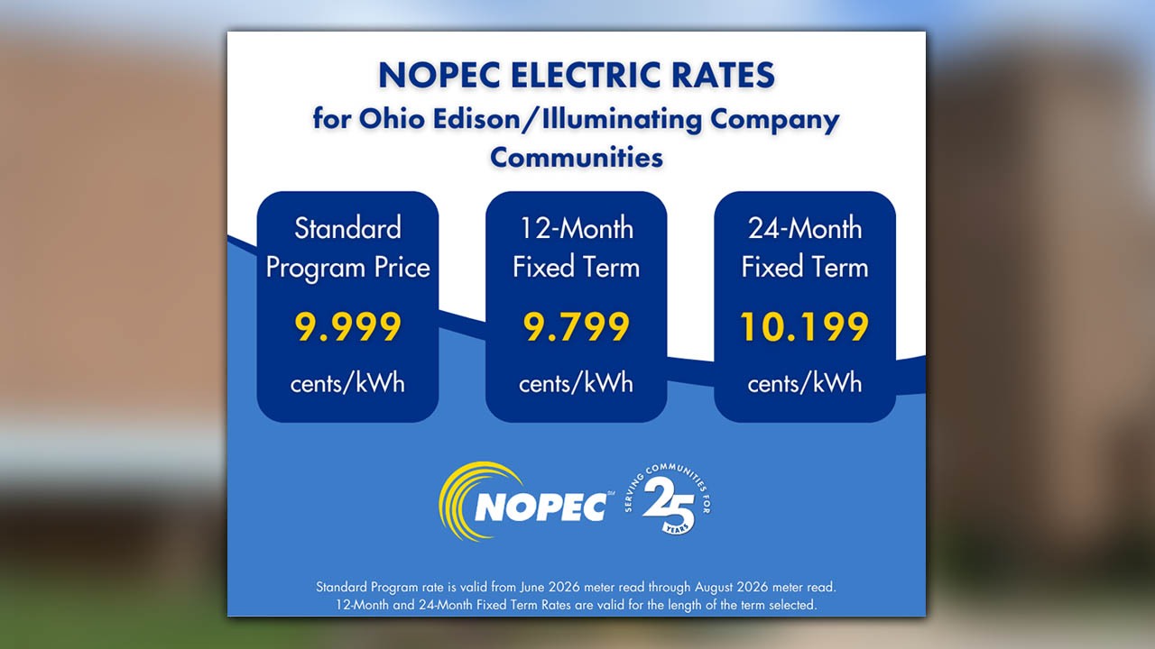 A graphic indicating pricing of NOPEC electric rates effective June 2026.