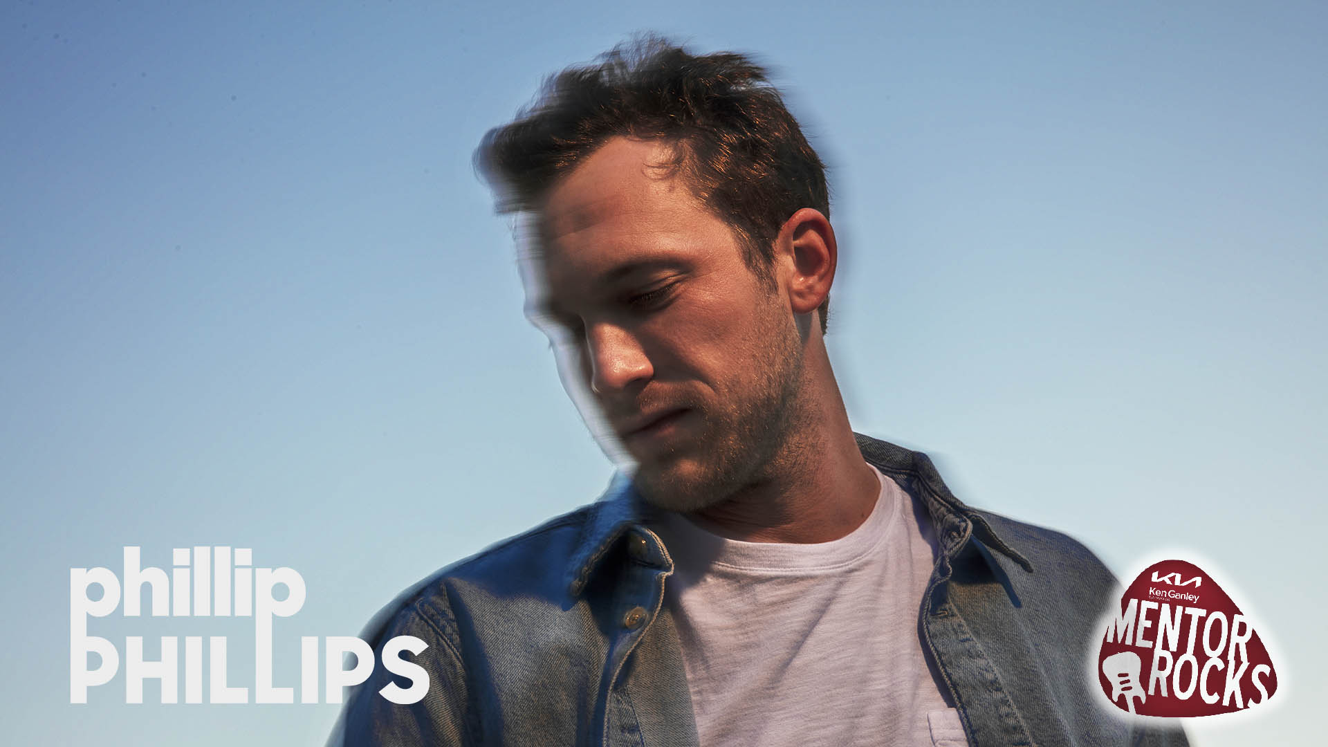 A photo of singer/songrwriter Phillip Phillips with his logo in the lower left of the field and the Mentor Rocks logo in the lower right.