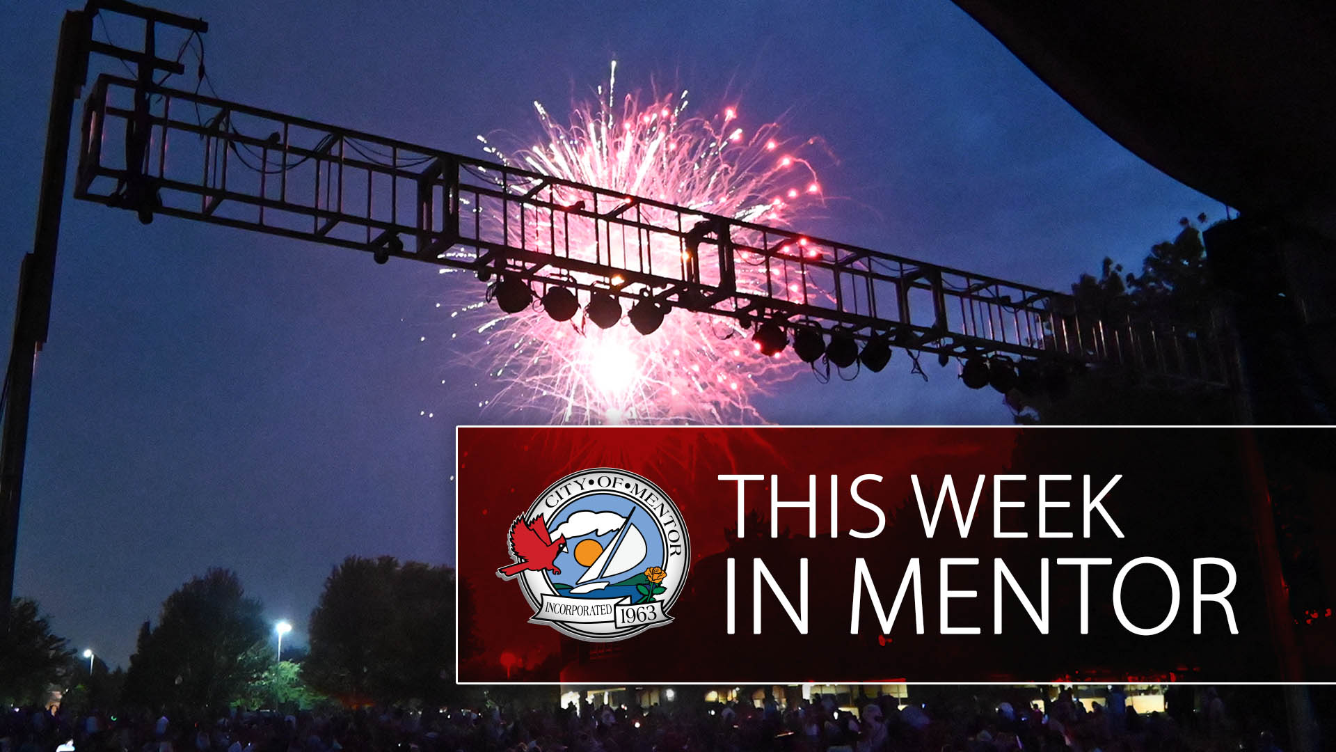 An image of fireworks from the stage of the Mentor Civic Amphitheater.