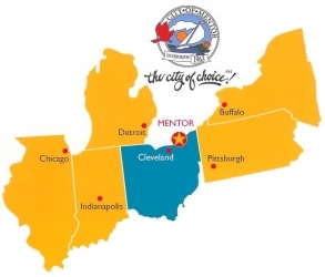 Mentor location map of Ohio and surrounding states