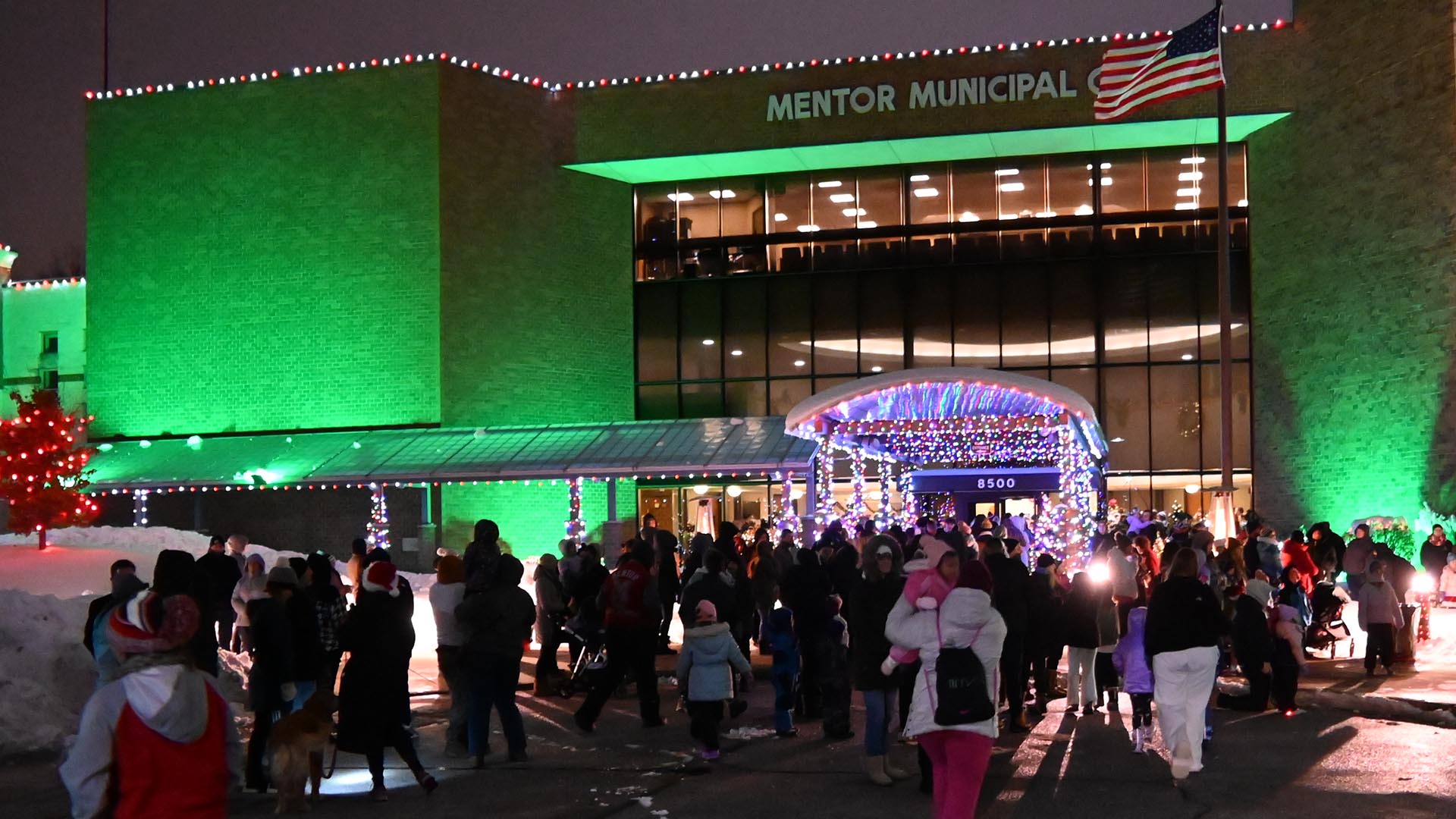 People standing outside at the 2024 Holiday Tree Lighting at the Mentor Municipal Center