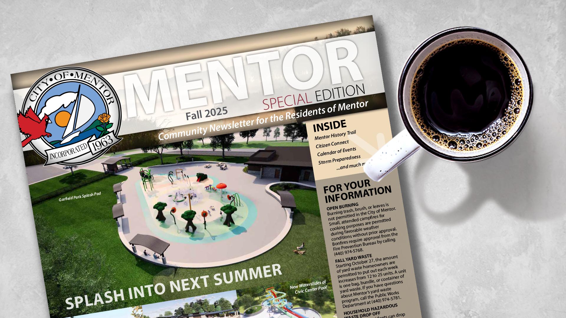 An overhead image of the Mentor Special Edition newsletter on a surface with a cup of coffee.