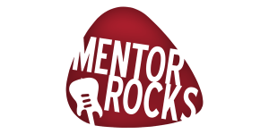 Mentor Rocks logo - a red guitar pick with with the words "Mentor Rocks and a guitar inside