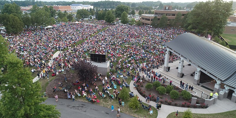 Aerial shot of crowded Mentor Civic Amphitheater