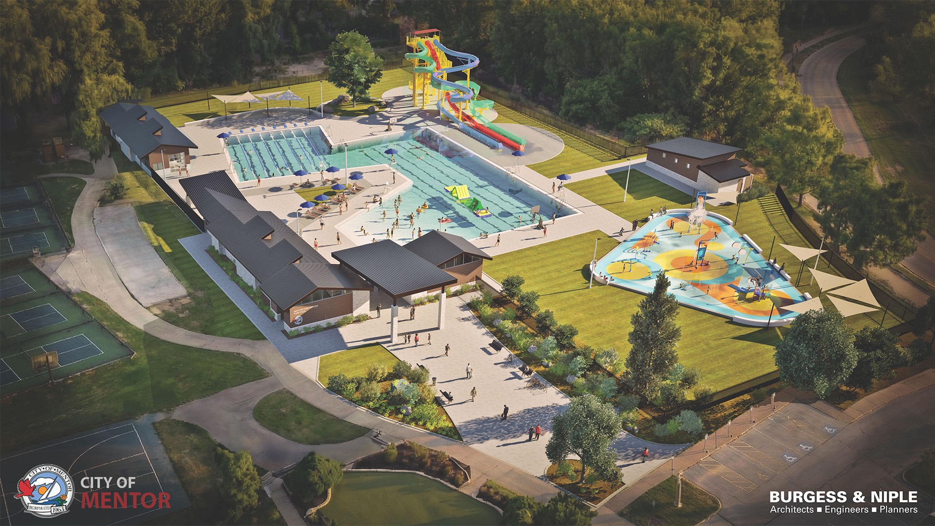 An aerial rendering of the Mentor Civic Center Pool complex.