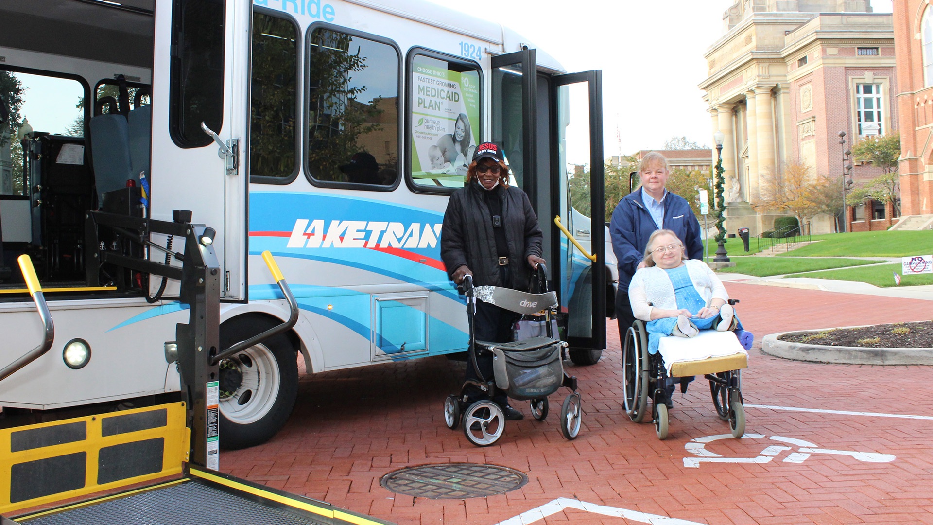 Laketran driver Jennifer Sole transports Donna McNamee and Dorothy McCool to LC BOE to vote early.