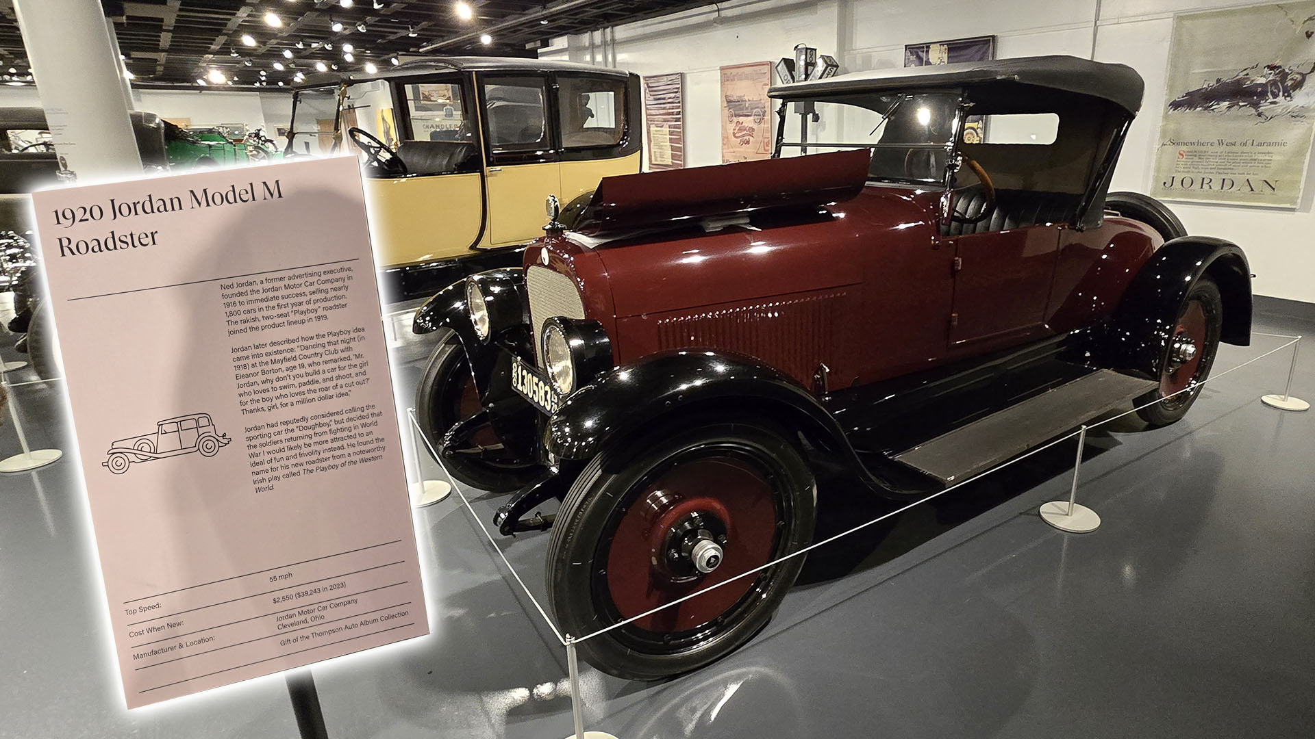 A photo of a 1920 Jordan Model M Roadster at the Crawford Auto Aviation Museum in Cleveland, Ohio.