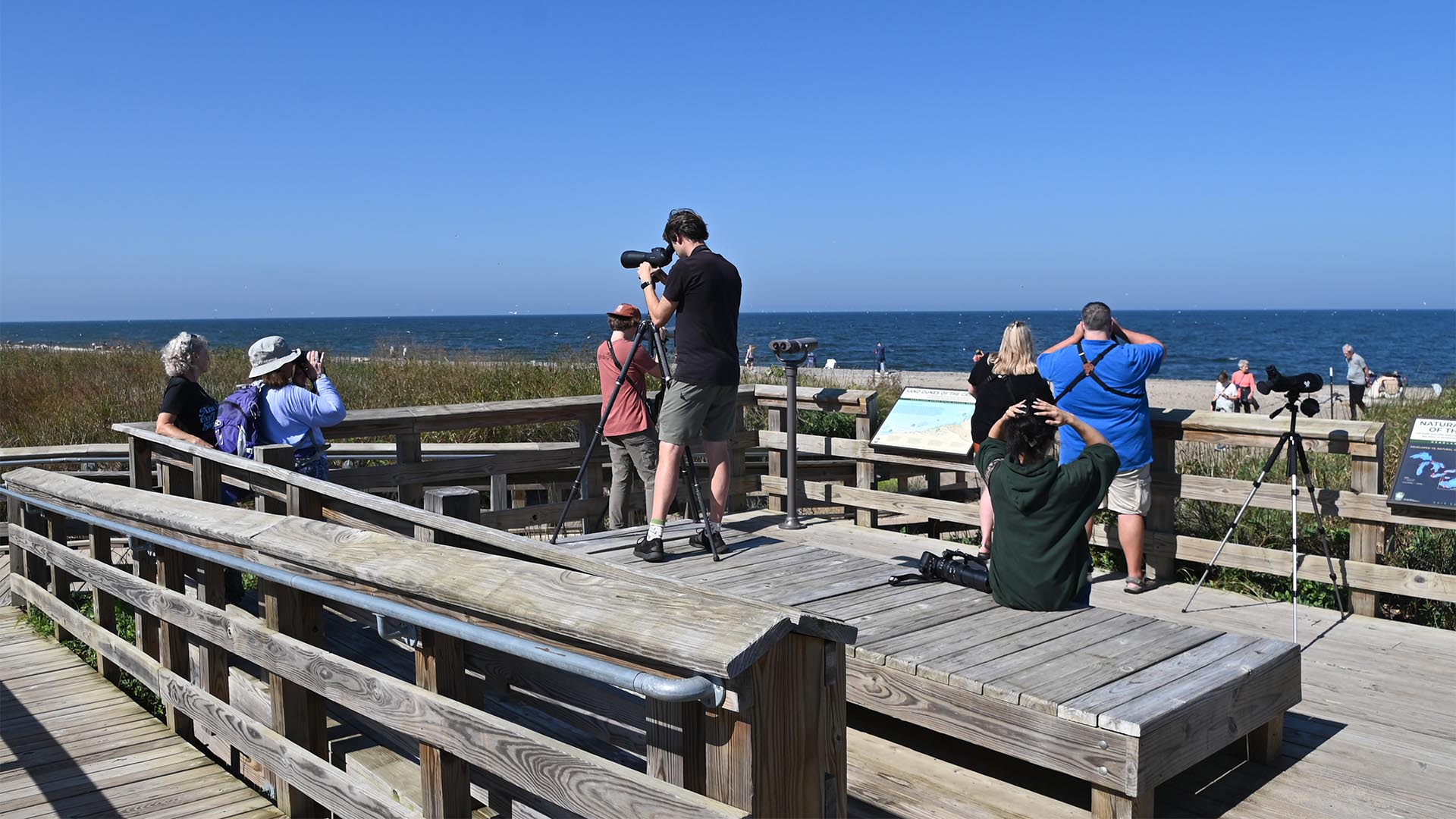Attendees of the Headlands Birding Festival on the observation platform at Headlands State Nature Preserve
