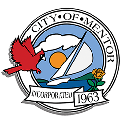 Mentor City seal featuring a cadinal, sailboat and yellow rose