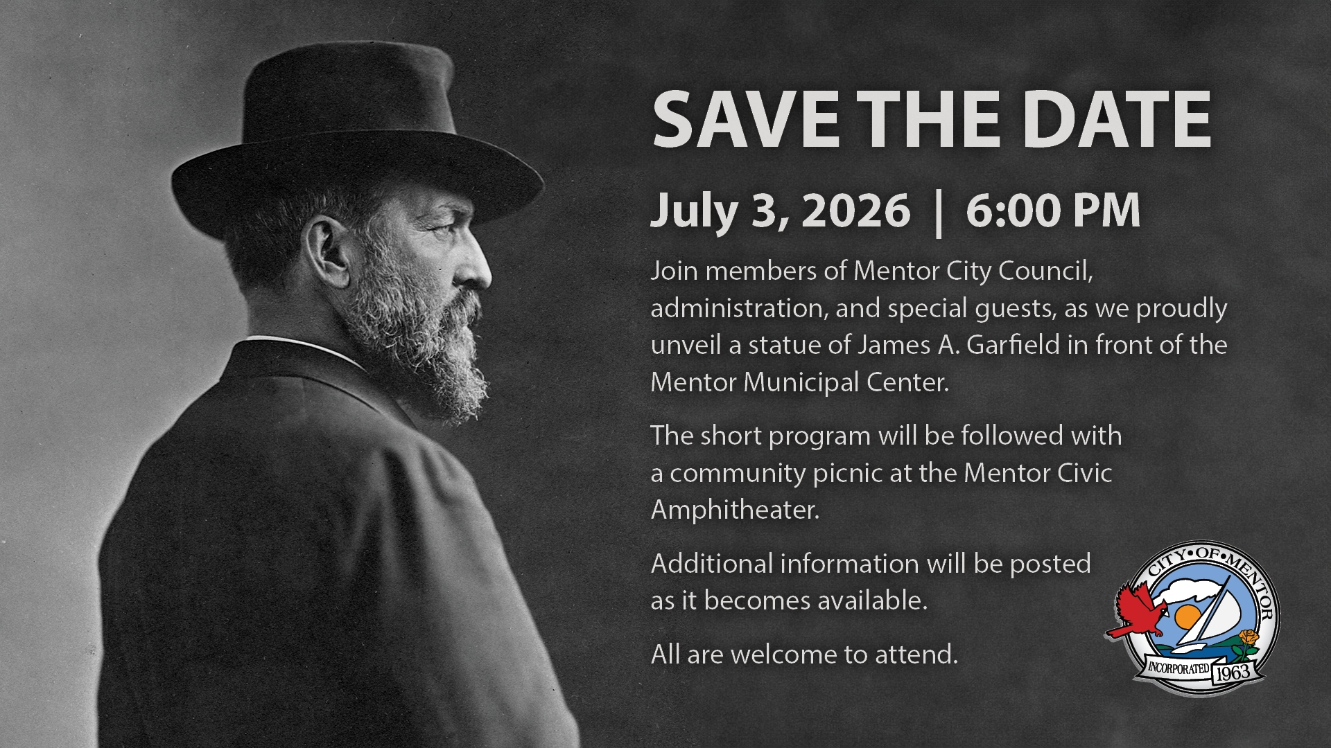 An image of James A Garfield with text encouraging to public to "Save the Date" for a statue unveiling.