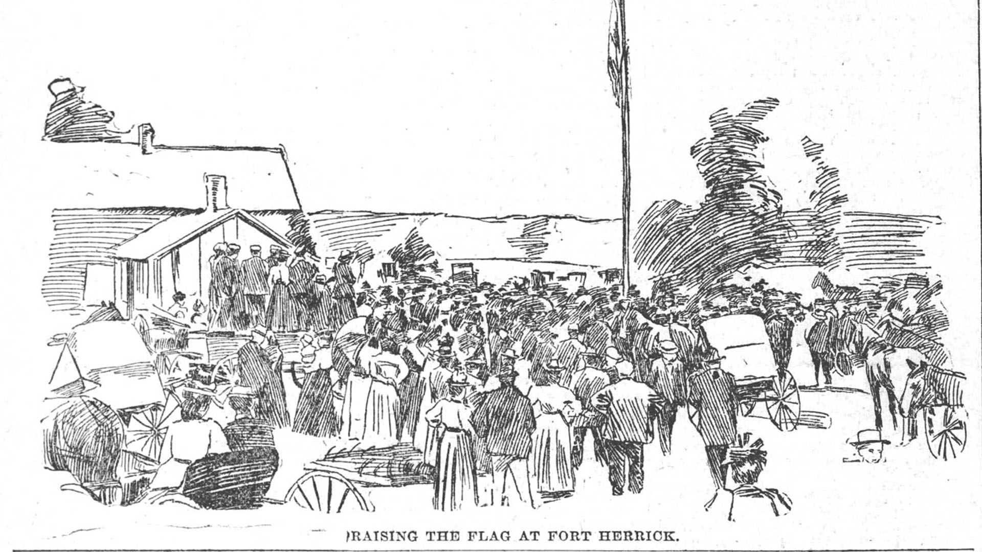 Illustration of the dedication of Ft Herrick as it appeared in the Cleveland Plain Dealer on August 22, 1898.