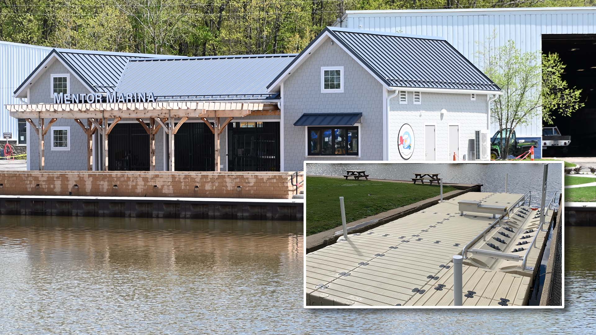 Kayak and concessions building at Mentor Lagoons Marina with an inset photo of the ADA accessible kayak launch ramp.