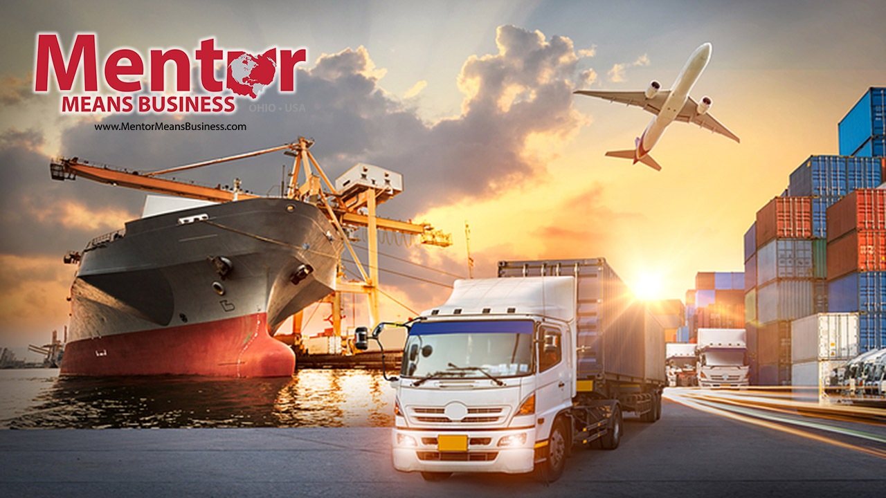 An image of multimodal means of cargo transport with the Mentor Means Business logo superimposed in the top left corner.
