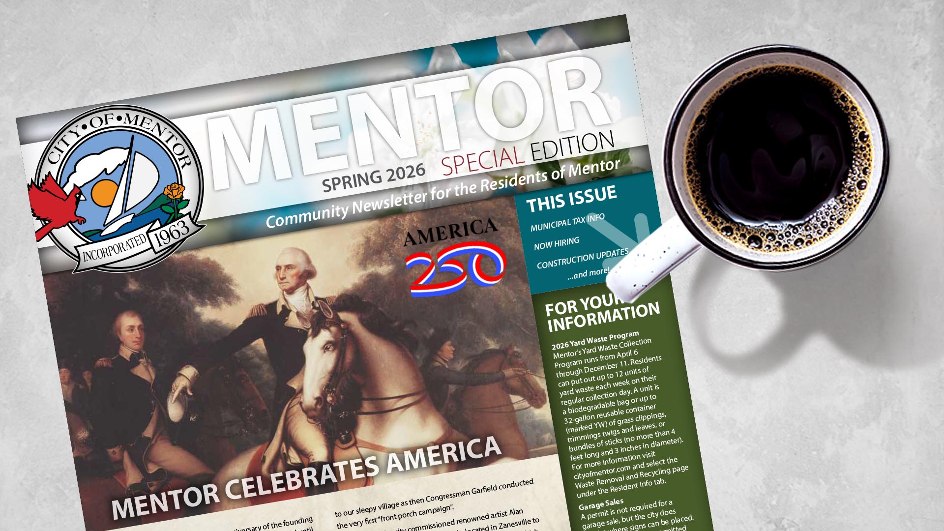 An image of a newsletter on a flat surface with a cup of coffee.