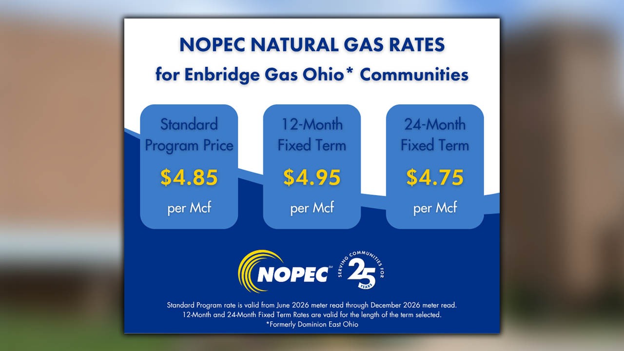 A graphic indicating pricing of NOPEC natural gas rates from June through December 2026.
