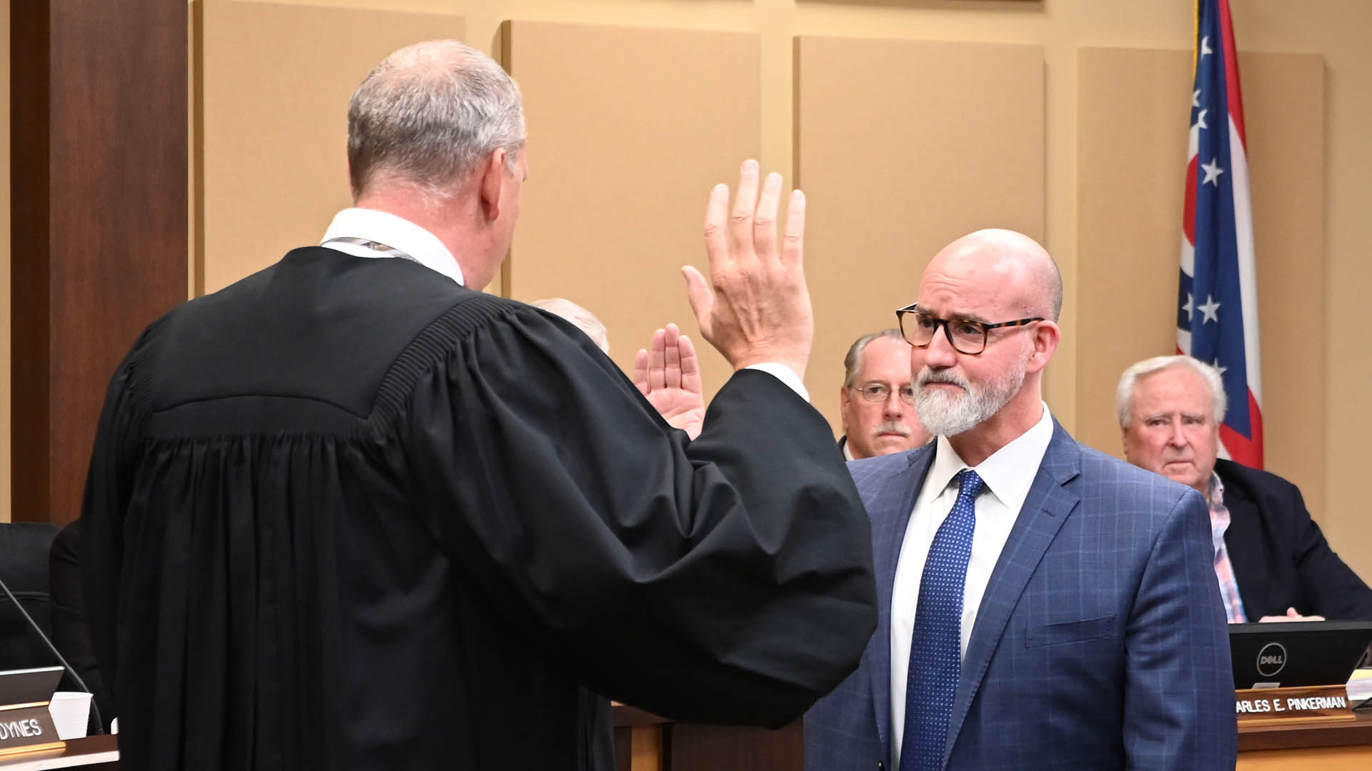 New Mentor Law Director Brandon Dynes sworn in by Judge Robert J. Patton of the Eleventh District Court of Appeals on May 5, 2026