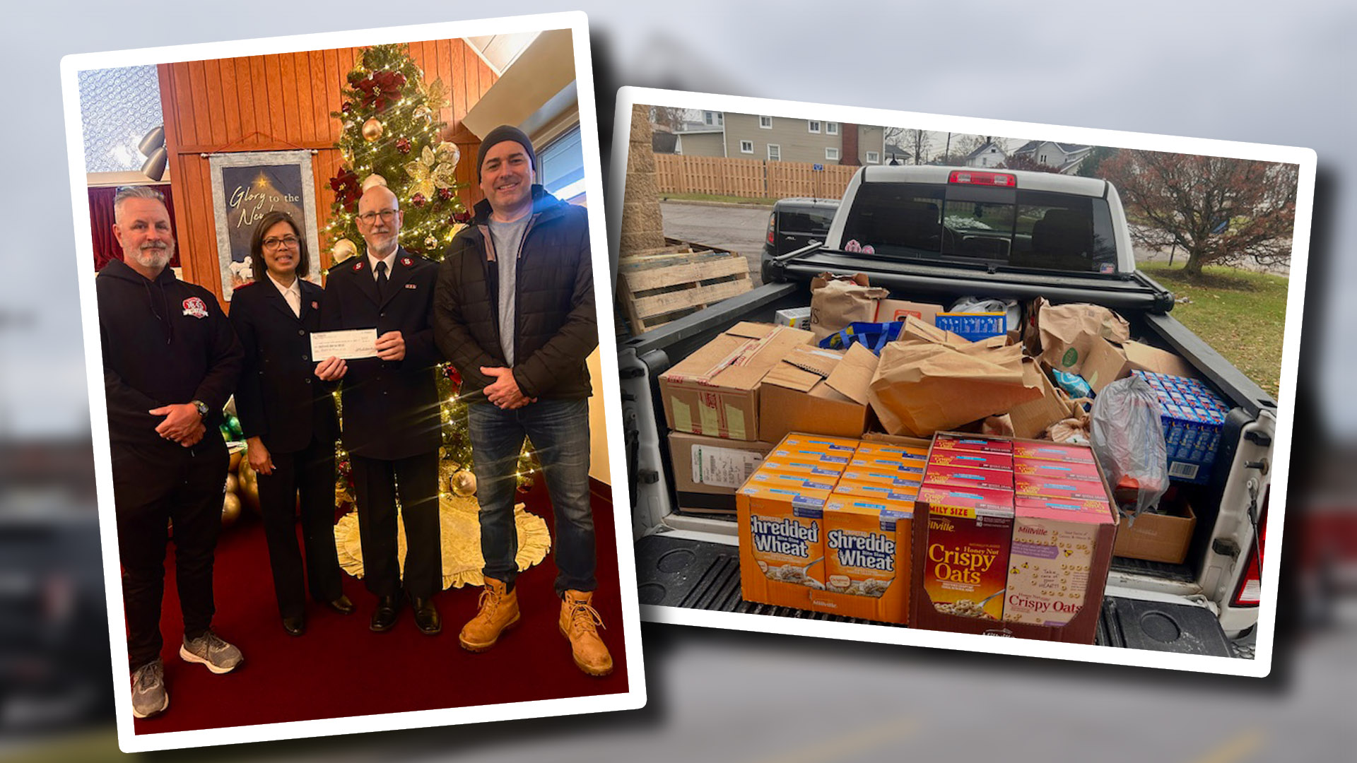 Mentor Fire Lt. Mike Smith and Firefighter/Paramedic Dominic Vivolo present Majors John and Alma Riley of the Salvation Army Painesville Corp with this year's Rescue the Needy donations.