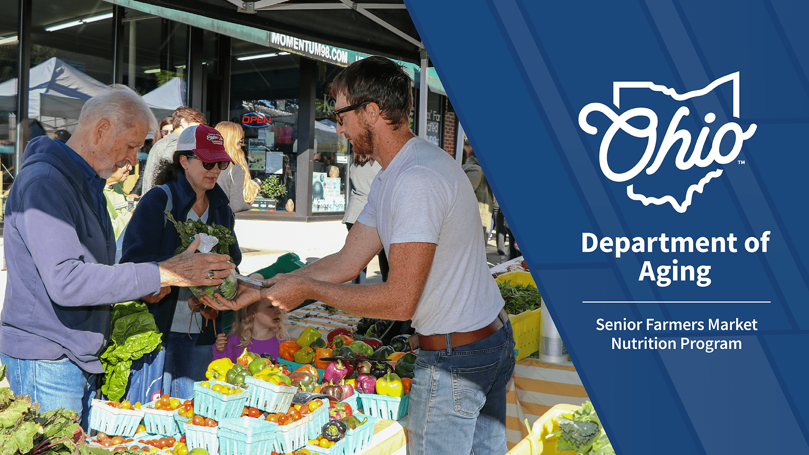 On the left is a man and woman buying fresh produce from a man at a farm stand, while on the right is the Ohio Department of Aging and Senior Farmers Market Nutrition logo on a blue background.