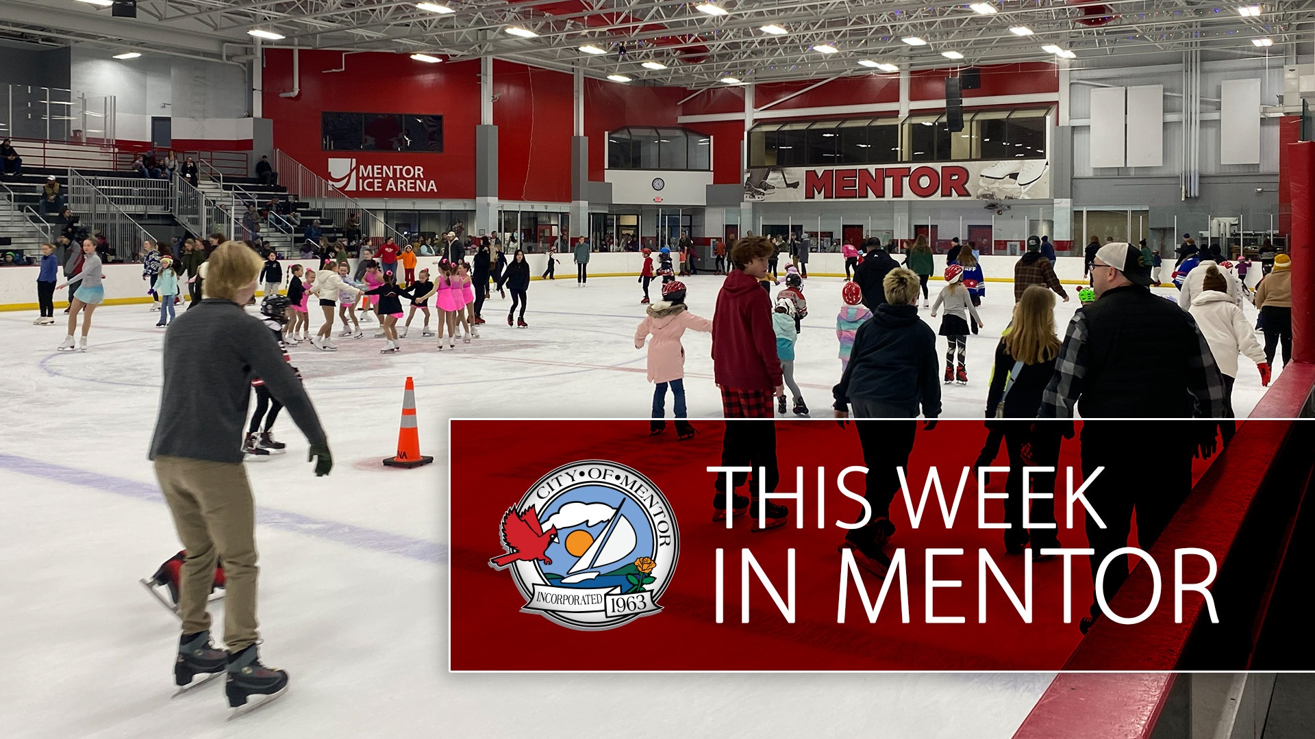 A photo of an open skate session at the Mentor Ice Arena with "This Week in Mentor" written on a semi-transparent placard.