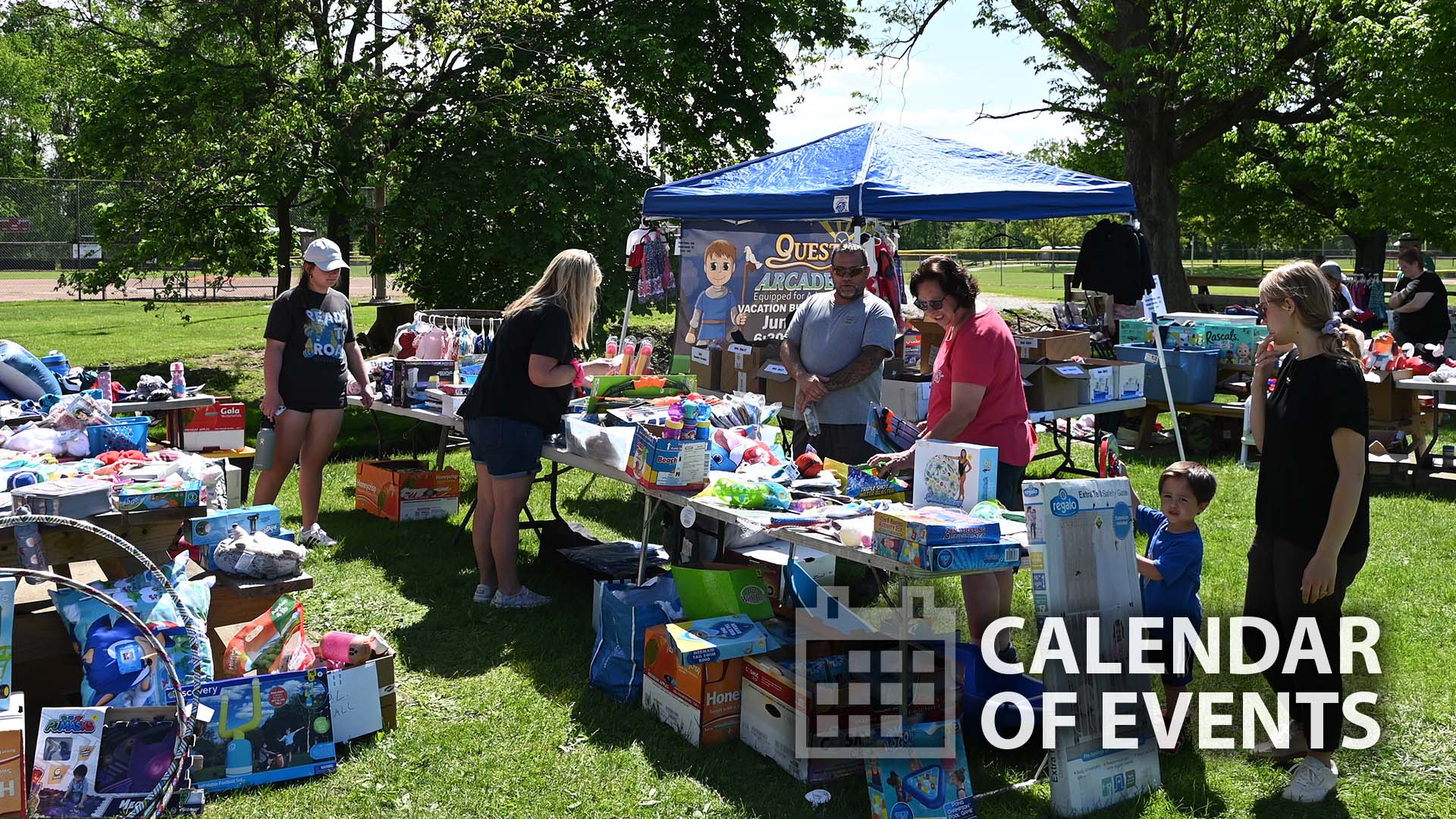 An image of the Just Kids Stuff Garage Sale with a calendar of events icon overlayed.